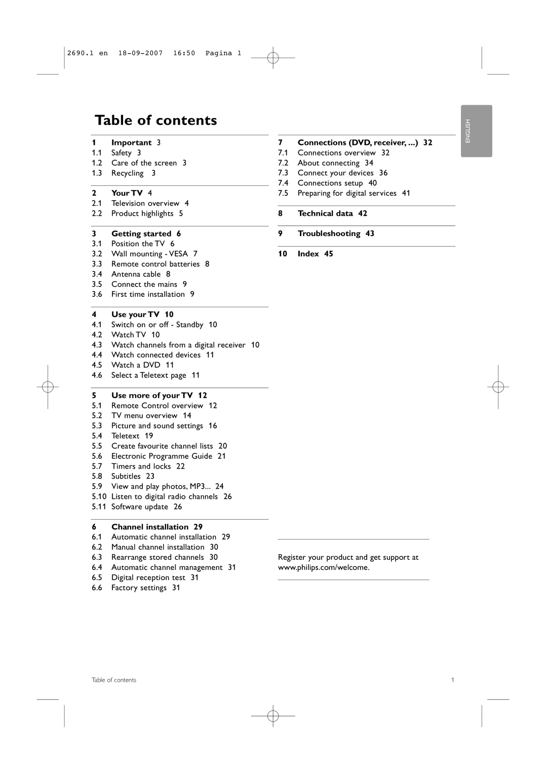 Philips 42PFL7862D, 32PFL7862D manual Table of contents 