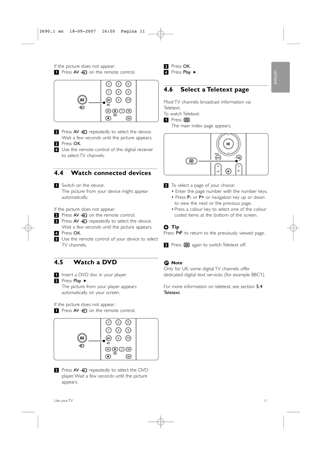 Philips 42PFL7862D, 32PFL7862D manual Watch connected devices, Watch a DVD, Select a Teletext 