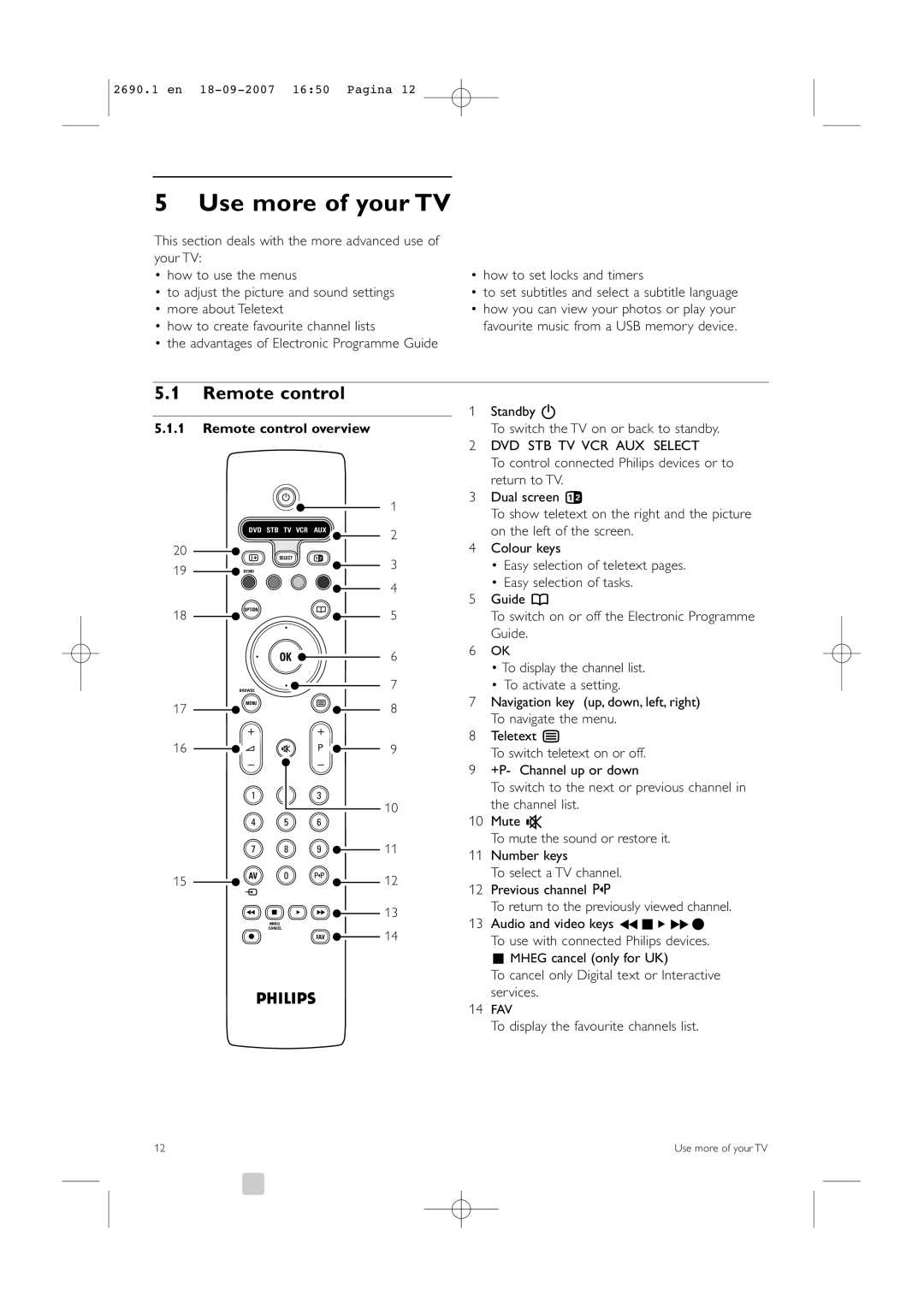 Philips 32PFL7862D Use more of your TV, Remote control overview, Standby B To switch the TV on or back to standby 