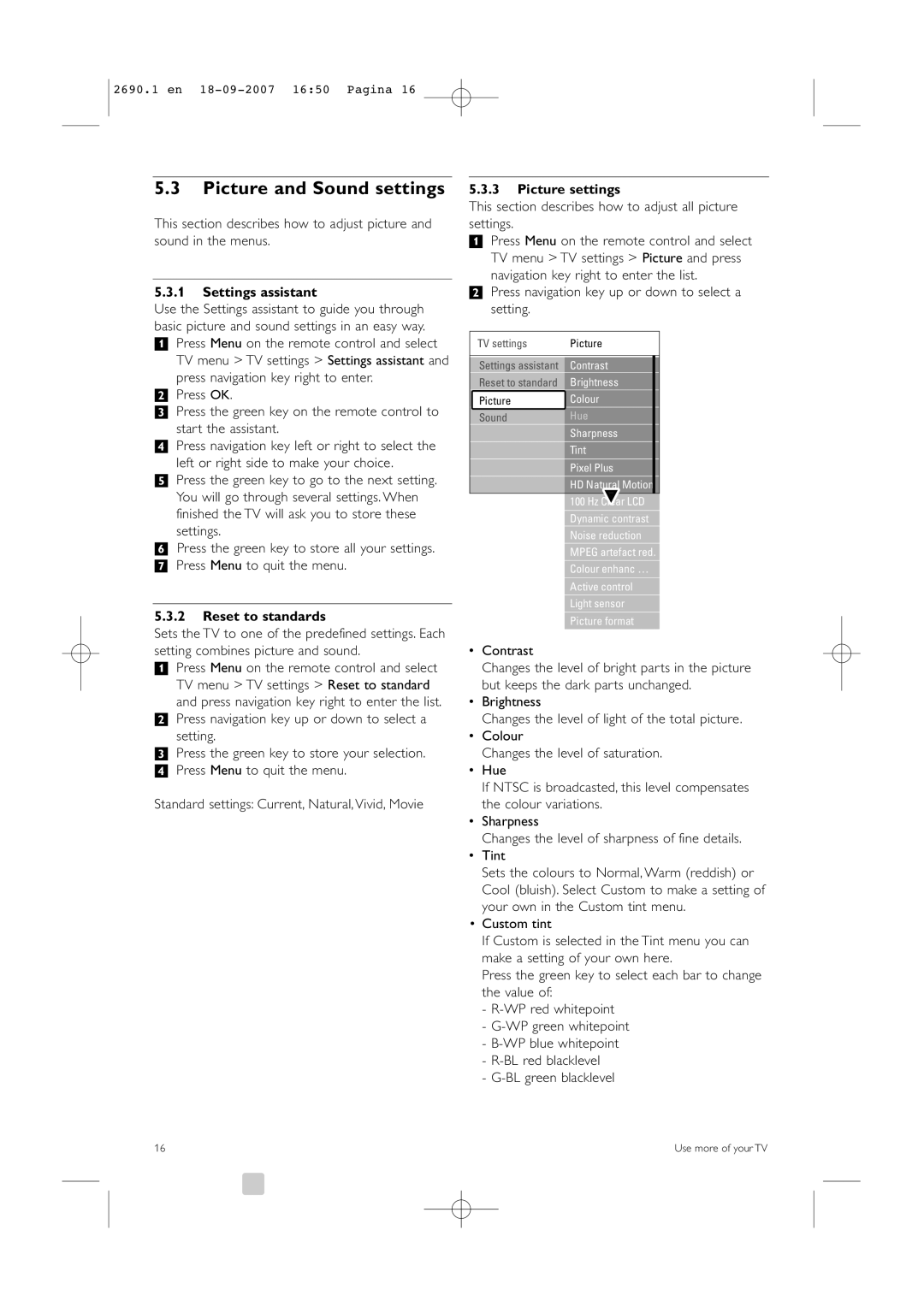 Philips 32PFL7862D, 42PFL7862D manual Picture and Sound settings, Settings assistant, Picture settings, Reset to standards 