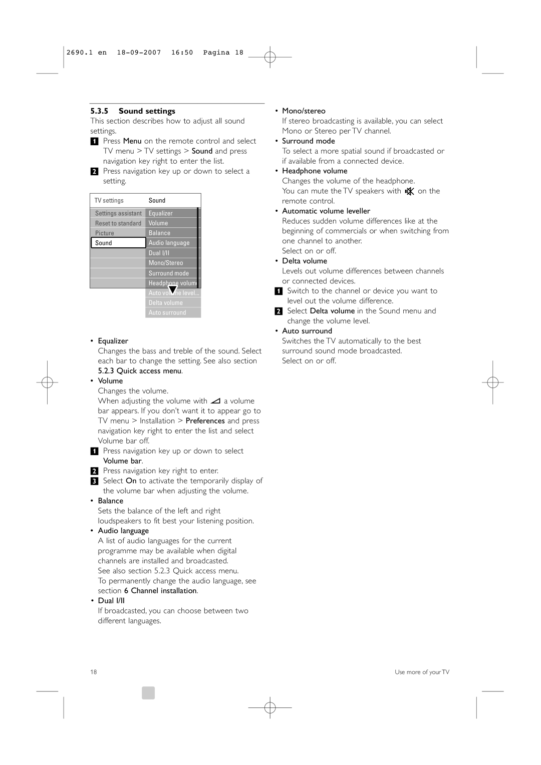 Philips 32PFL7862D, 42PFL7862D Sound settings, This section describes how to adjust all sound settings, Audio language 