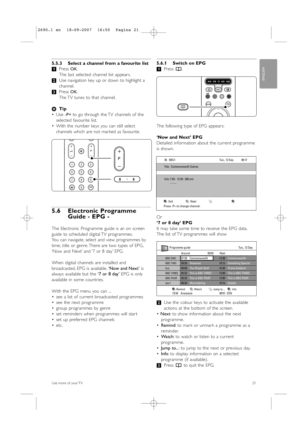 Philips 42PFL7862D Electronic Programme Guide EPG, Select a channel from a favourite list, Switch on EPG, ‘7 or 8 day’ EPG 