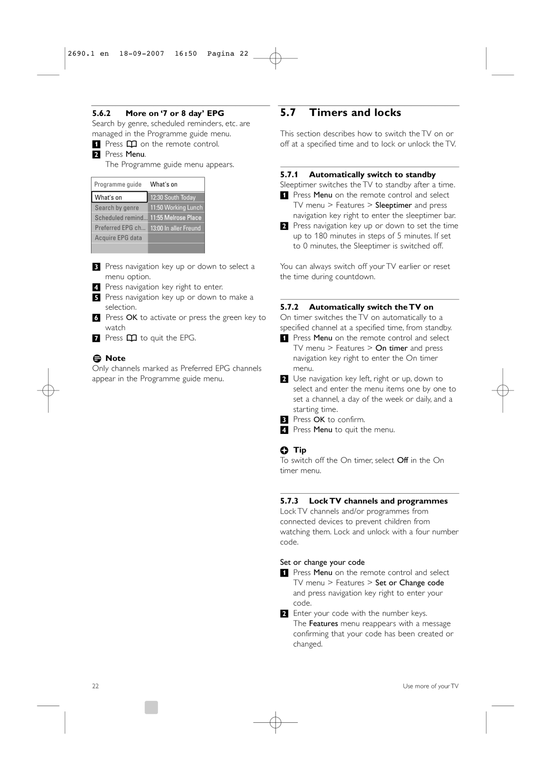 Philips 32PFL7862D, 42PFL7862D manual Timers and locks, To switch off the On timer, select Off in the On timer menu 