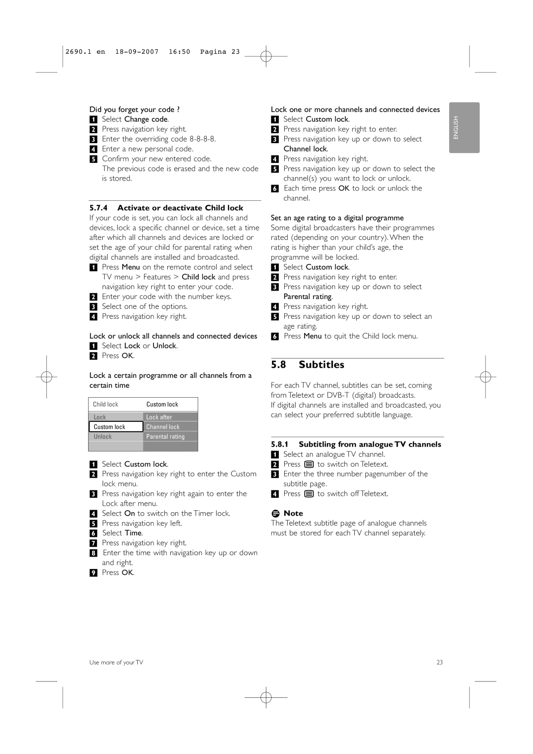 Philips 42PFL7862D, 32PFL7862D manual Subtitles, Subtitling from analogue TV channels 