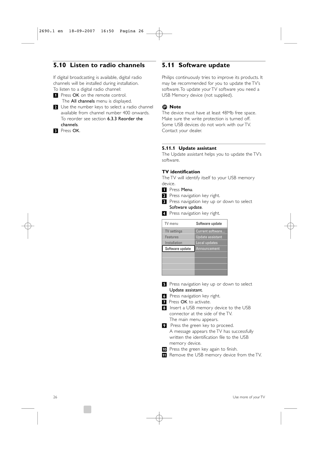 Philips 32PFL7862D, 42PFL7862D manual Listen to radio channels, Software update, Update assistant, TV identification 