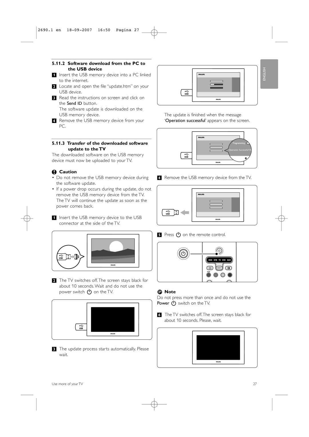 Philips 42PFL7862D Software download from the PC to the USB device, Transfer of the downloaded software update to the TV 