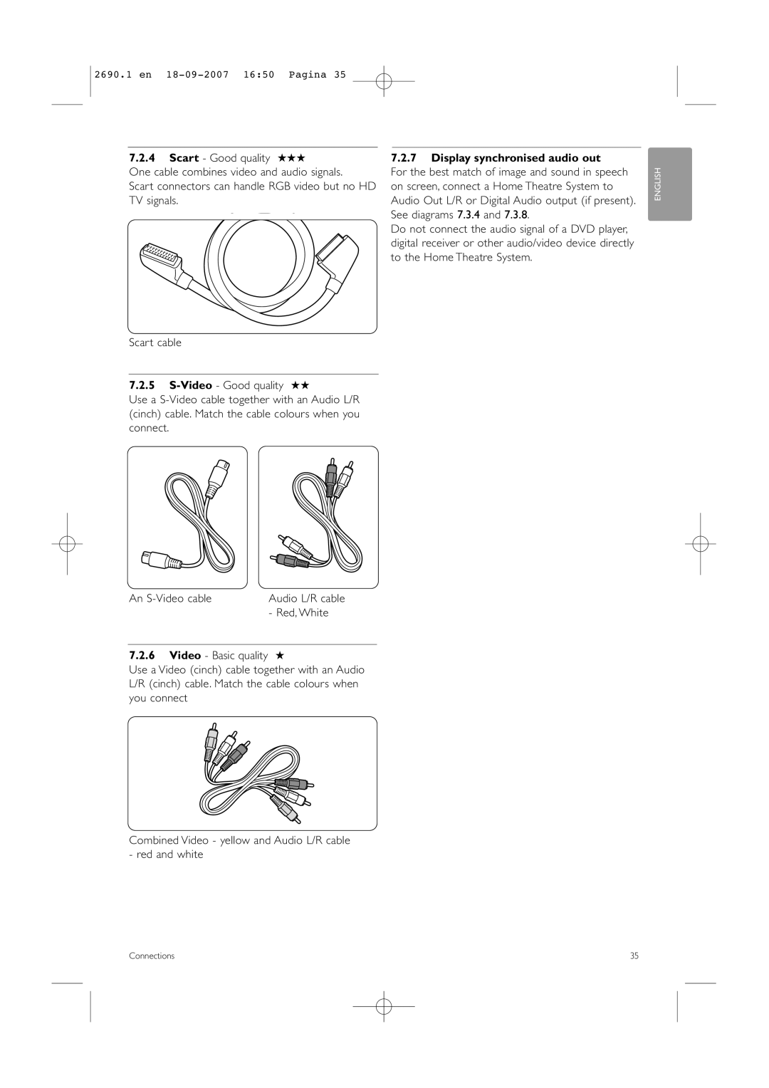 Philips 42PFL7862D, 32PFL7862D manual Display synchronised audio out, An S-Video cable, Red, White 