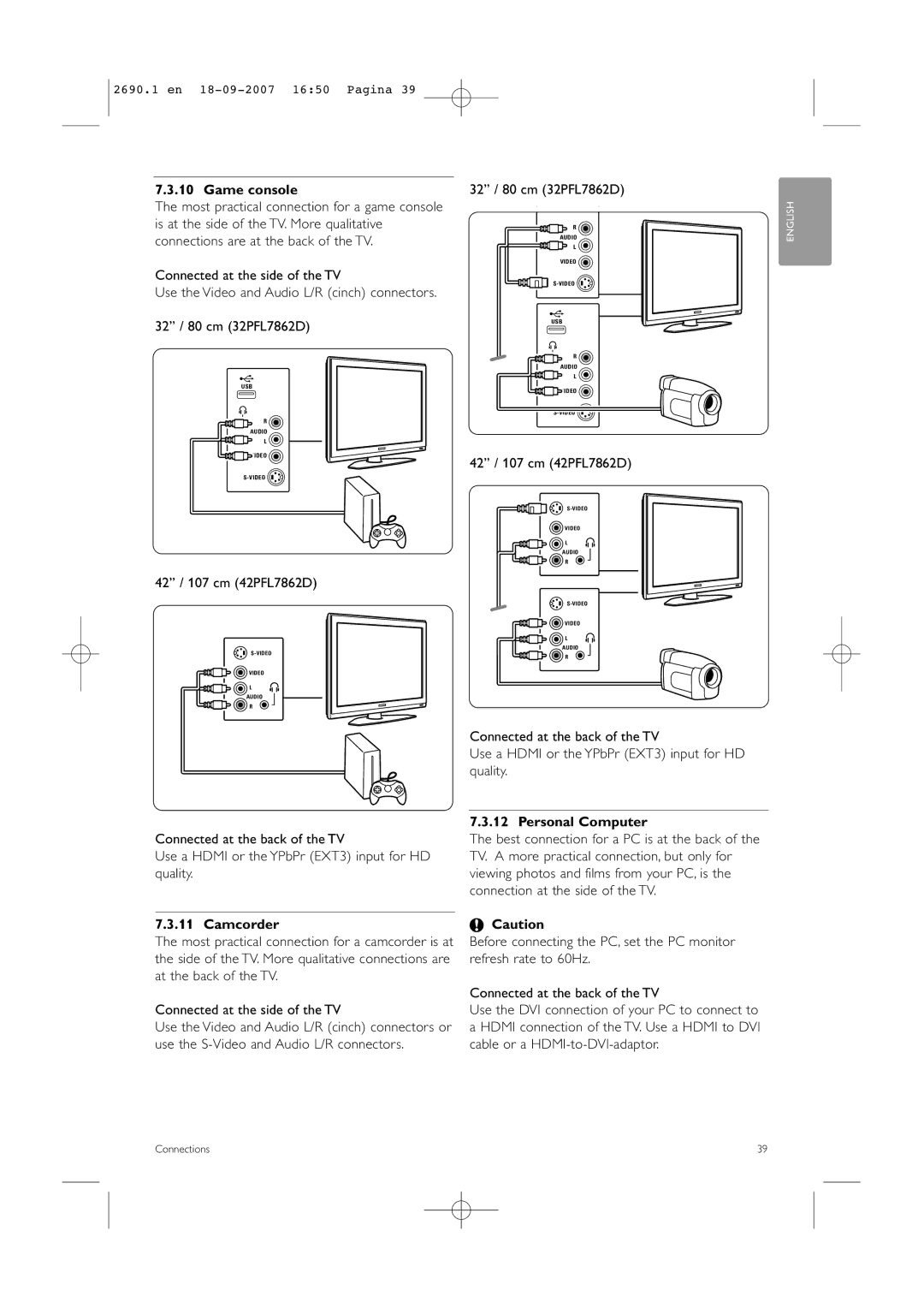 Philips 42PFL7862D, 32PFL7862D manual Game console, Camcorder, Personal Computer 