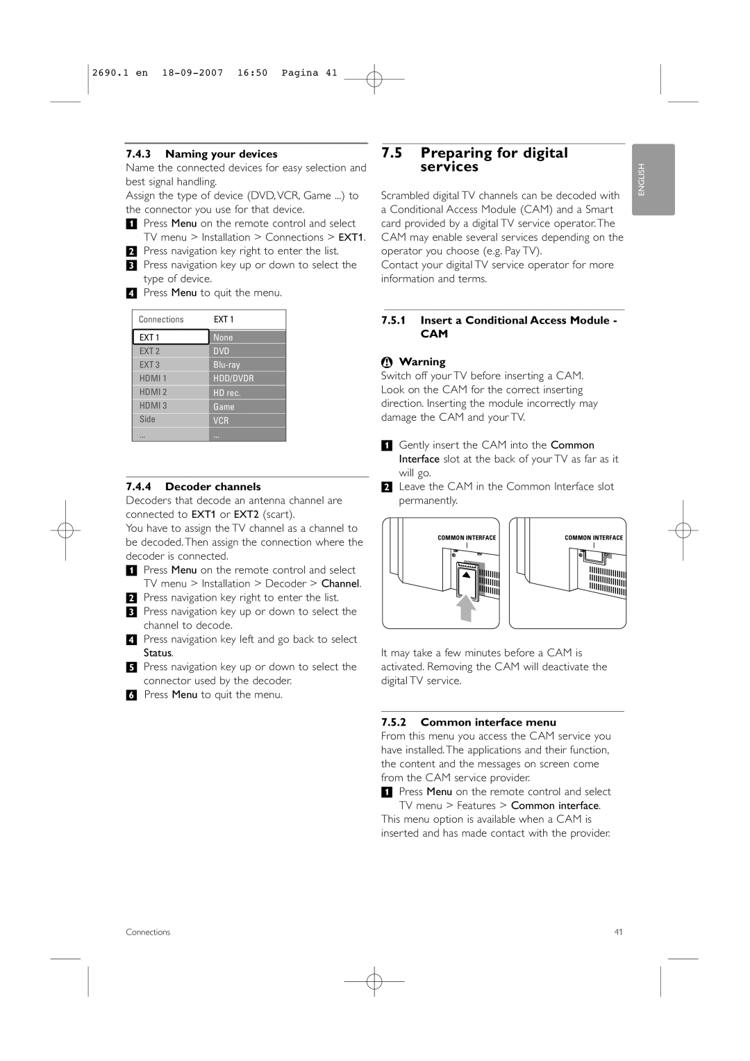 Philips 42PFL7862D manual Preparing for digital services, Naming your devices, Decoder channels, Common interface menu 