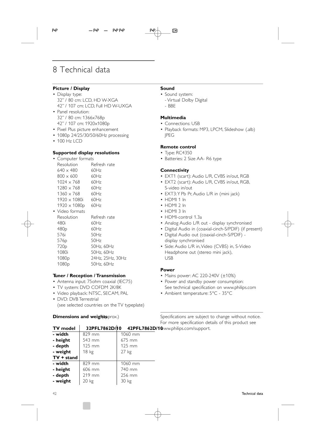 Philips 32PFL7862D, 42PFL7862D manual Technical data, Jpeg 