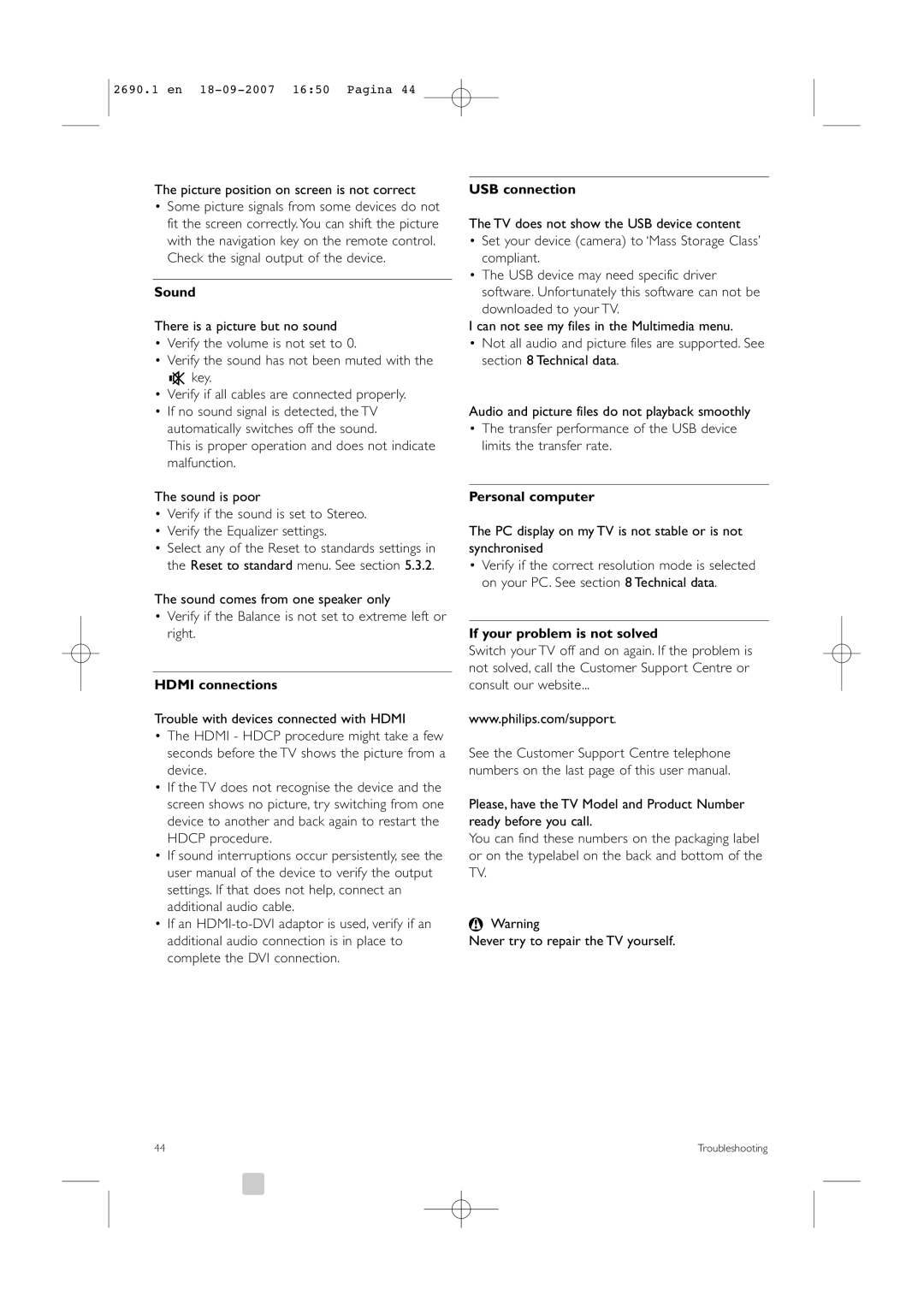 Philips 32PFL7862D, 42PFL7862D manual Sound, Hdmi connections, USB connection, If your problem is not solved 