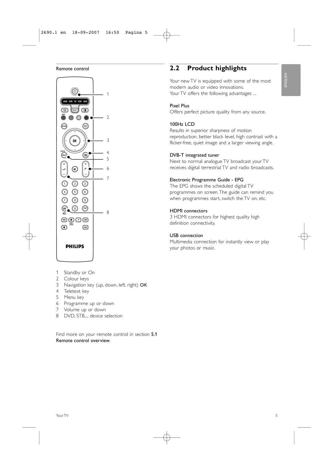 Philips 42PFL7862D, 32PFL7862D manual Product highlights, Remote control, DVB-T integrated tuner 