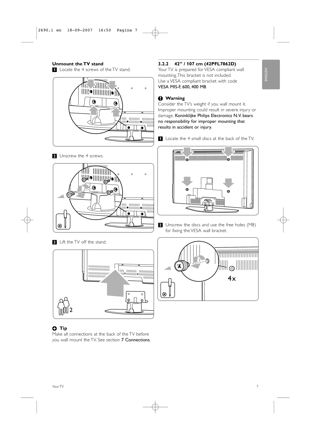 Philips 42PFL7862D, 32PFL7862D manual Unmount the TV stand, Tip 