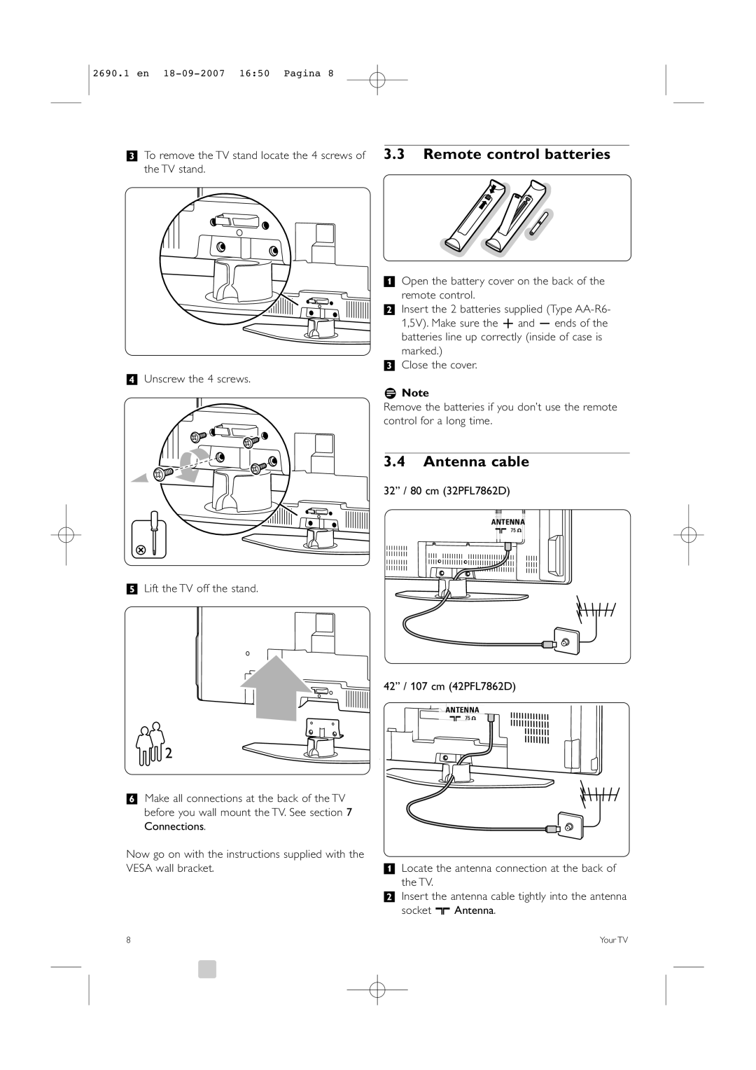 Philips 32PFL7862D manual Remote control batteries, Antenna cable, RNote, Lift the TV off the stand 42 / 107 cm 42PFL7862D 