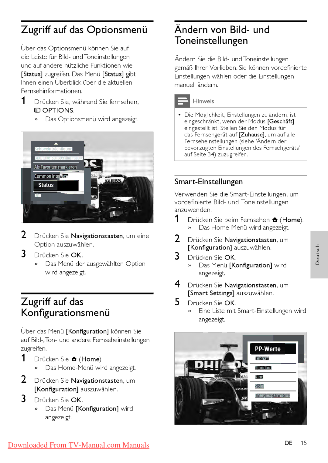 Philips 19PFL5404H/12, 32PFL7864H/12 Zugriff auf das Optionsmenü, Zugriff auf das Konfigurationsmenü, Smart-Einstellungen 