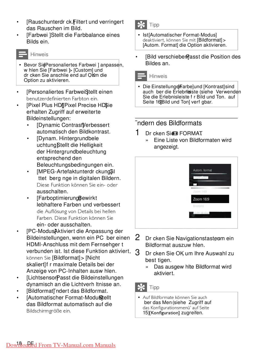 Philips 32PFL7404H/12 manual Ändern des Bildformats, Diese Funktion können Sie ein- oder ausschalten, Bildschirmgröße ein 