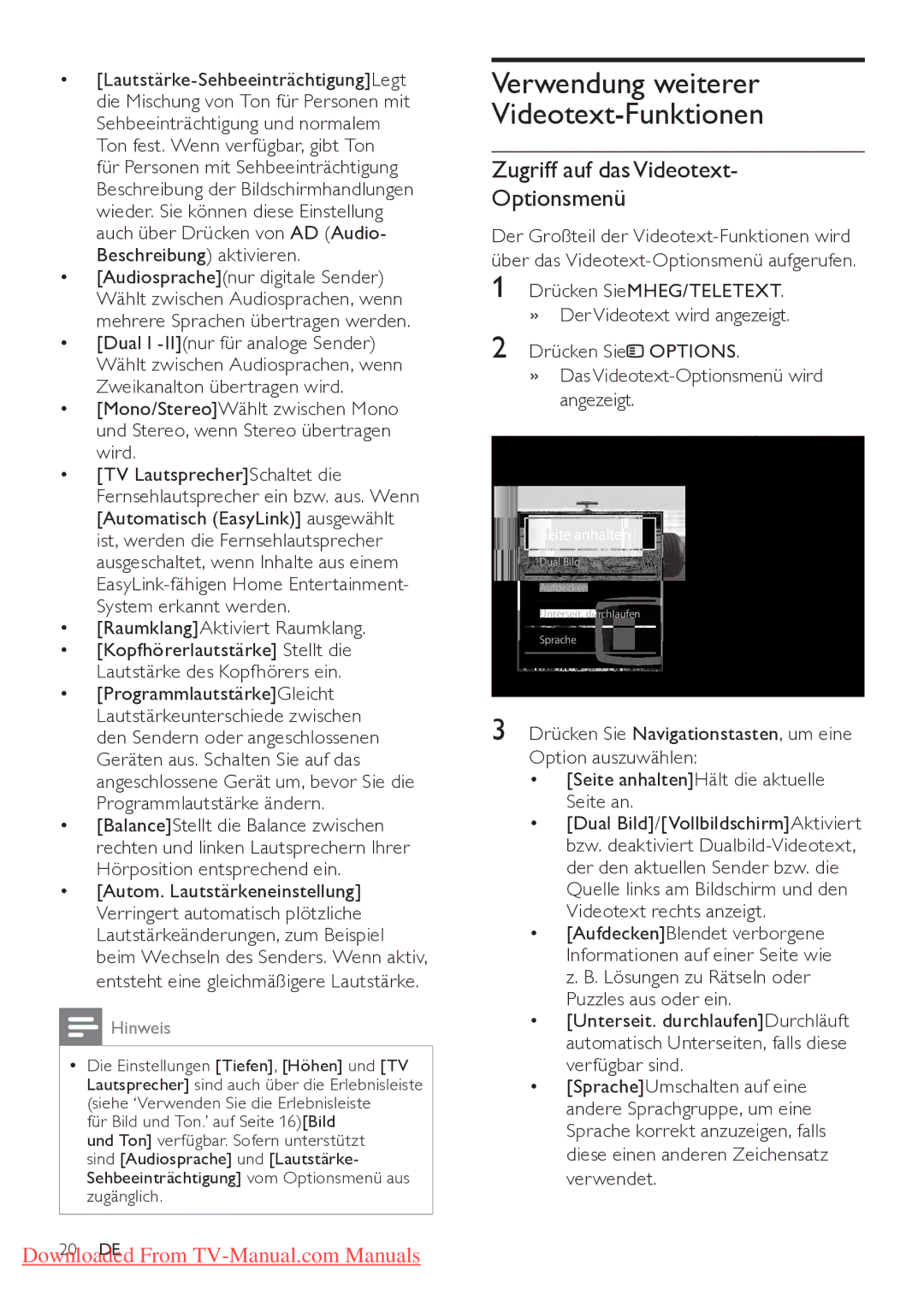 Philips 52PFL7404H/12, 32PFL7864H/12 manual Verwendung weiterer Videotext-Funktionen, Zugriff auf das Videotext Optionsmenü 