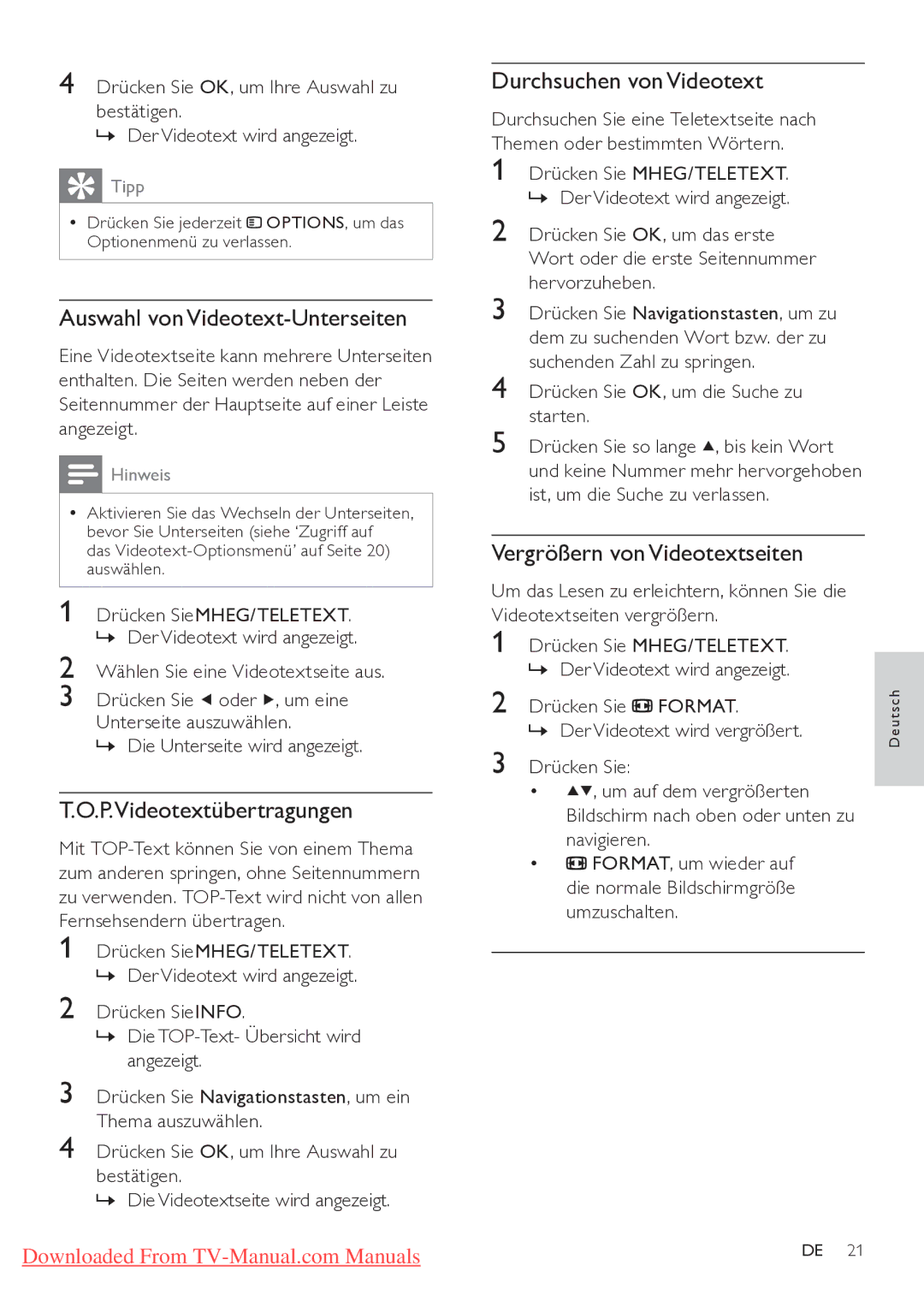 Philips 42PFL7864H/12 manual Auswahl von Videotext-Unterseiten, P.Videotextübertragungen, Durchsuchen von Videotext 