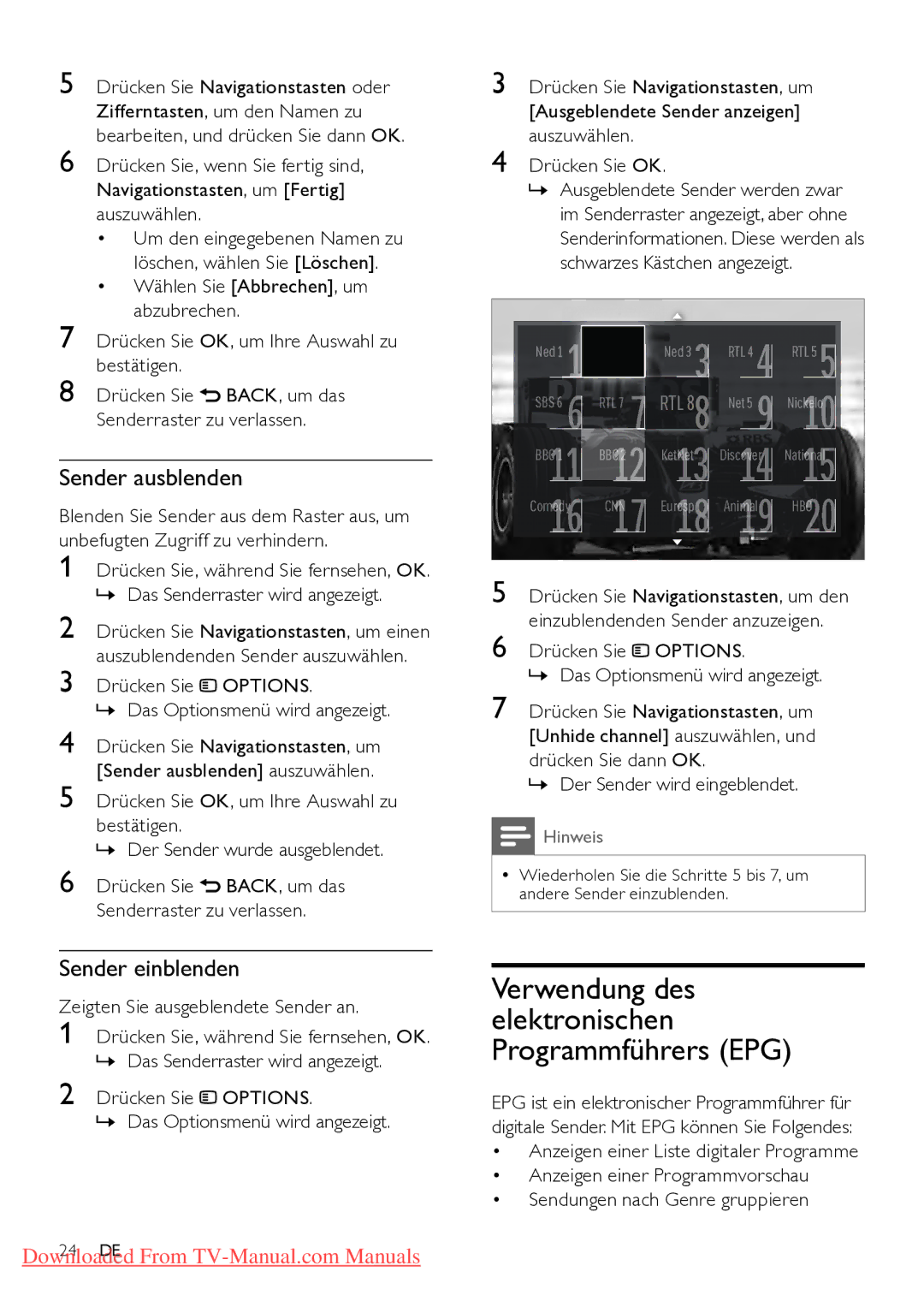 Philips 52PFL5604H/12 manual Verwendung des elektronischen Programmführers EPG, Sender ausblenden, Sender einblenden 