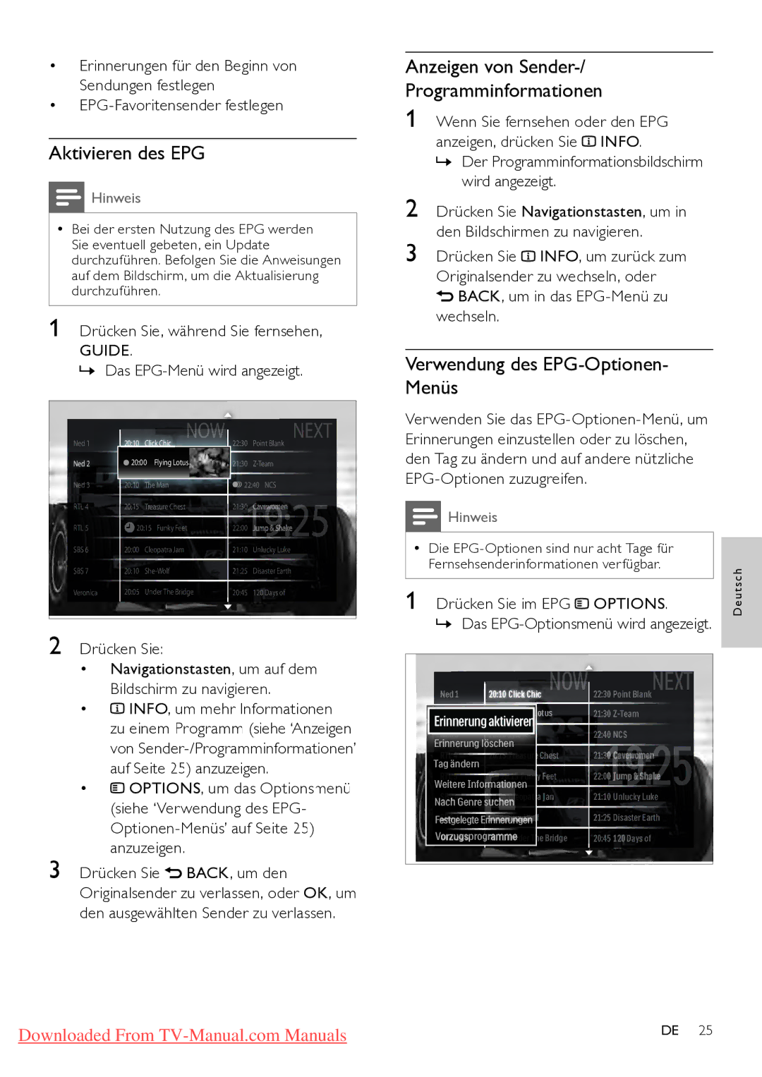 Philips 42PFL5624H/12 Aktivieren des EPG, Anzeigen von Sender Programminformationen, Verwendung des EPG-Optionen- Menüs 