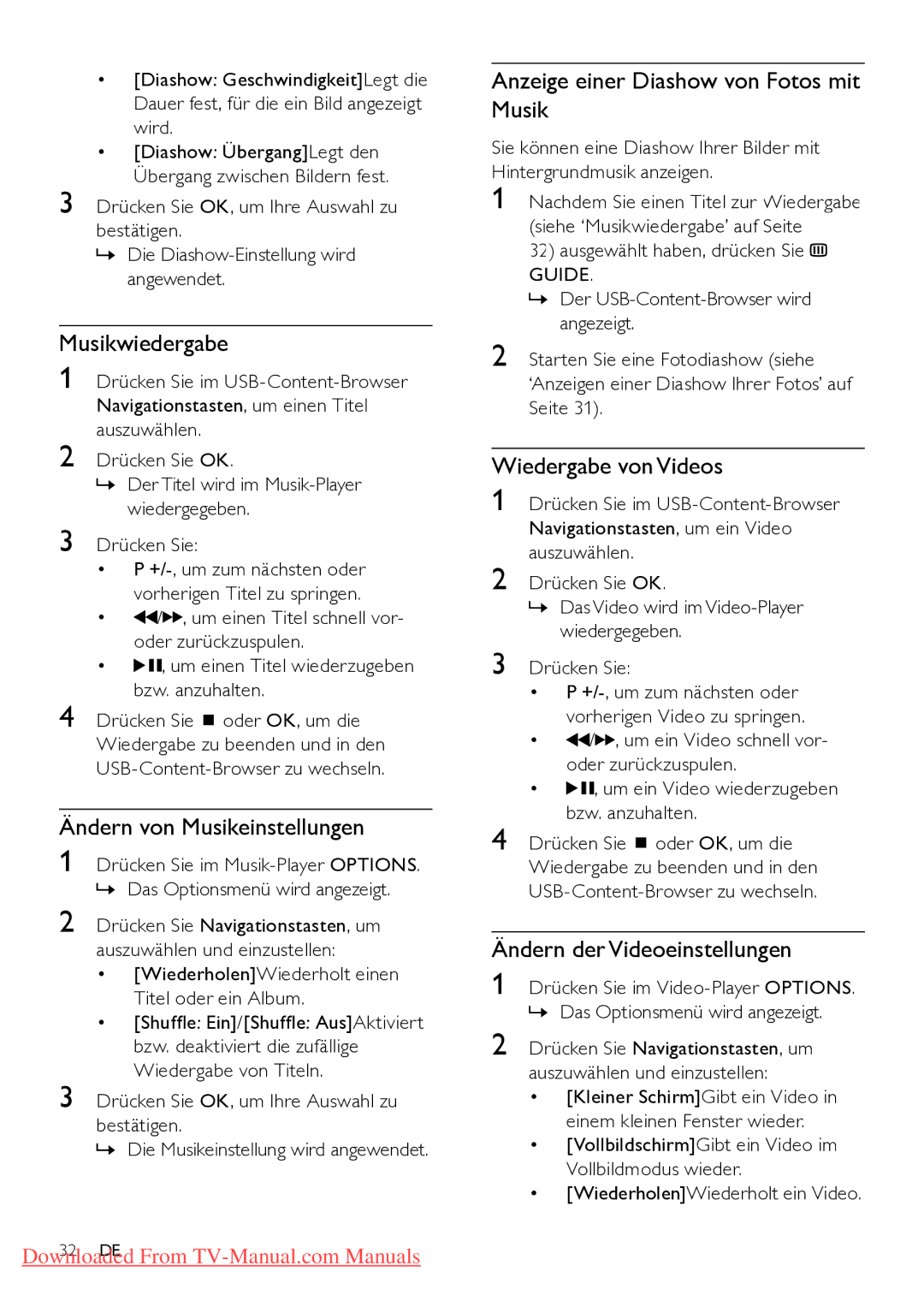 Philips 22PFL5614H/12 manual Musikwiedergabe, Ändern von Musikeinstellungen, Anzeige einer Diashow von Fotos mit Musik 