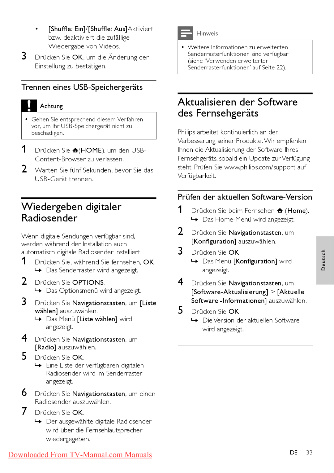 Philips 32PFL5404H/12, 32PFL7864H/12 manual Wiedergeben digitaler Radiosender, Aktualisieren der Software des Fernsehgeräts 