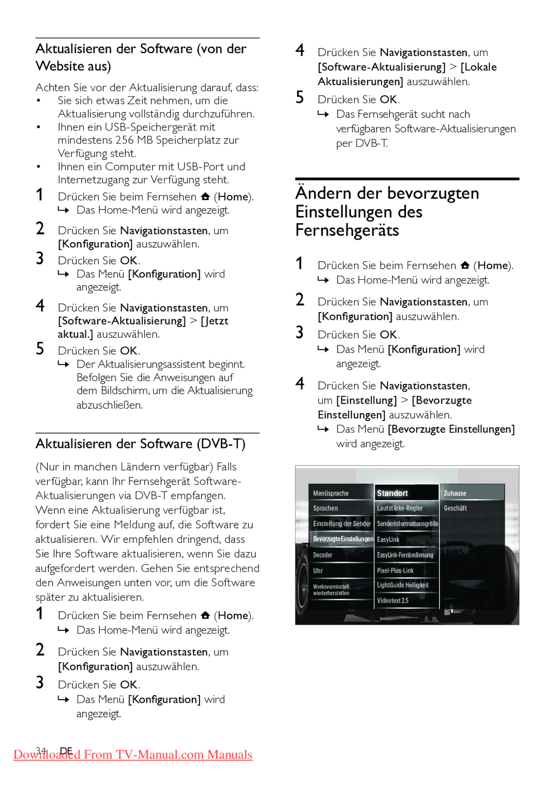 Philips 19PFL5404H/12 manual Ändern der bevorzugten Einstellungen des Fernsehgeräts, Aktualisieren der Software DVB-T 