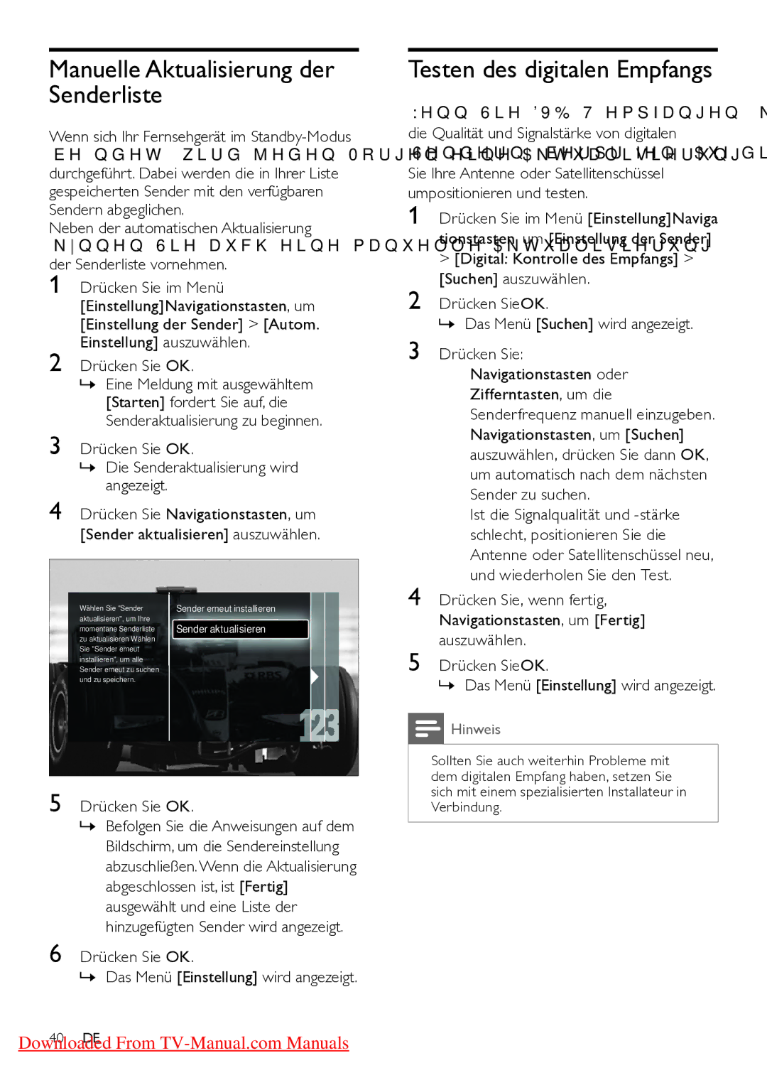 Philips 42PFL7864H/12 manual Manuelle Aktualisierung der Senderliste, Drücken Sie OK »» Eine Meldung mit ausgewähltem 