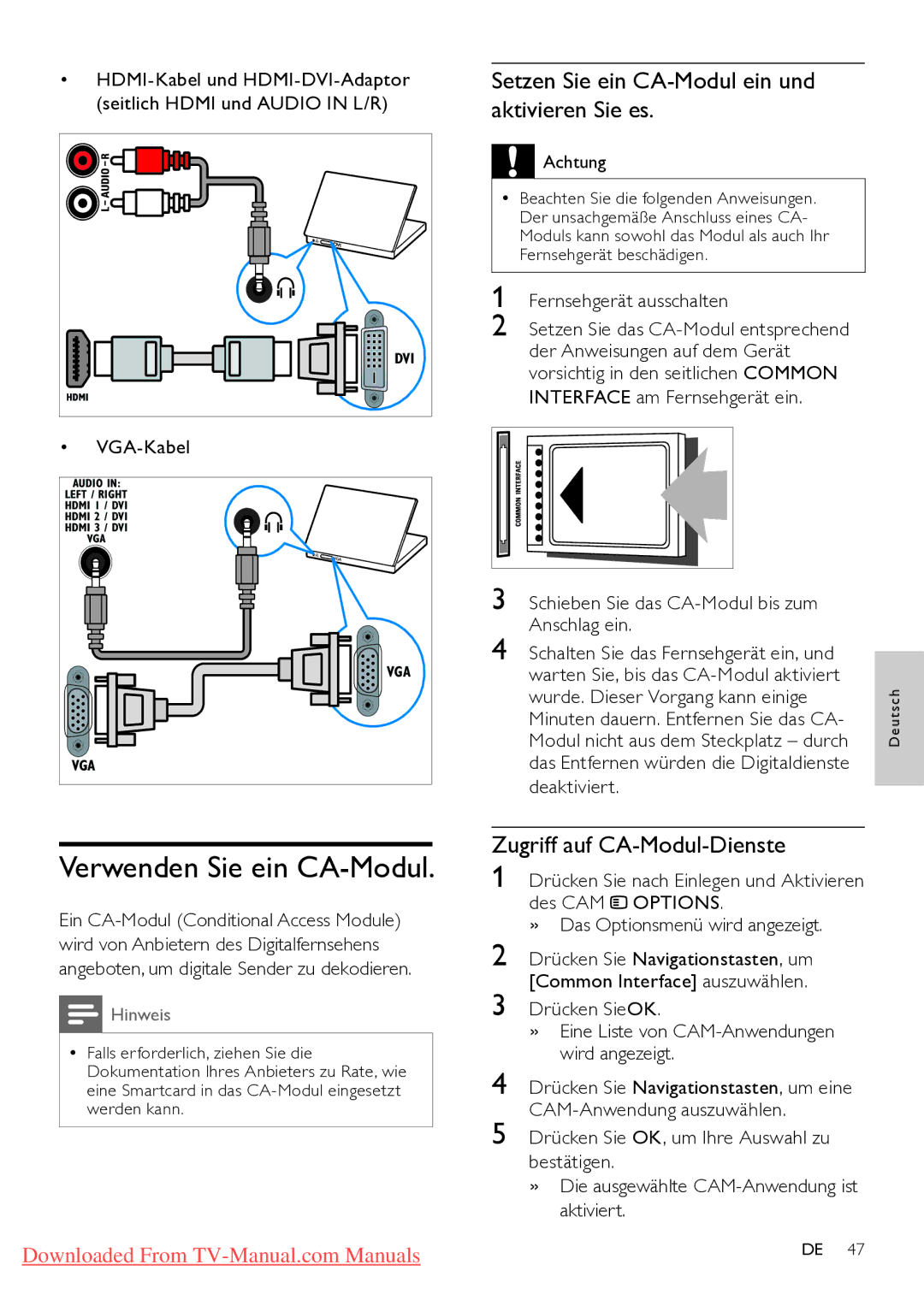 Philips 32PFL5624H/12, 32PFL7864H/12 manual Verwenden Sie ein CA-Modul, Setzen Sie ein CA-Modul ein und aktivieren Sie es 