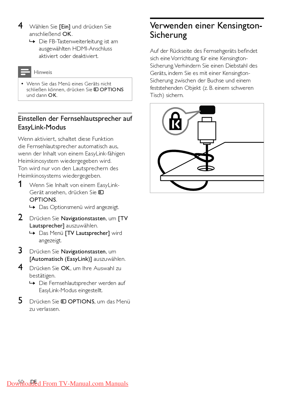 Philips 26PFL5604H/12 manual Verwenden einer Kensington- Sicherung, Einstellen der Fernsehlautsprecher auf EasyLink-Modus 
