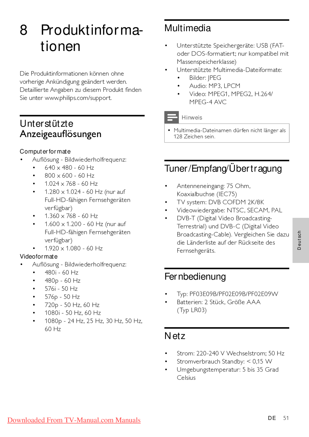 Philips 22PFL5614H/12 manual Unterstützte Anzeigeauflösungen, Multimedia, Tuner/Empfang/Übertragung, Fernbedienung, Netz 