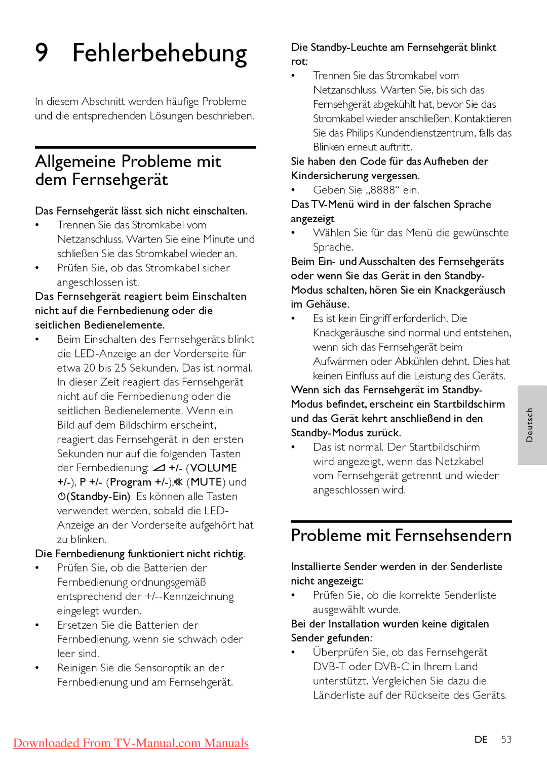 Philips 19PFL5404H/12, 32PFL7864H/12 Fehlerbehebung, Allgemeine Probleme mit dem Fernsehgerät, Probleme mit Fernsehsendern 