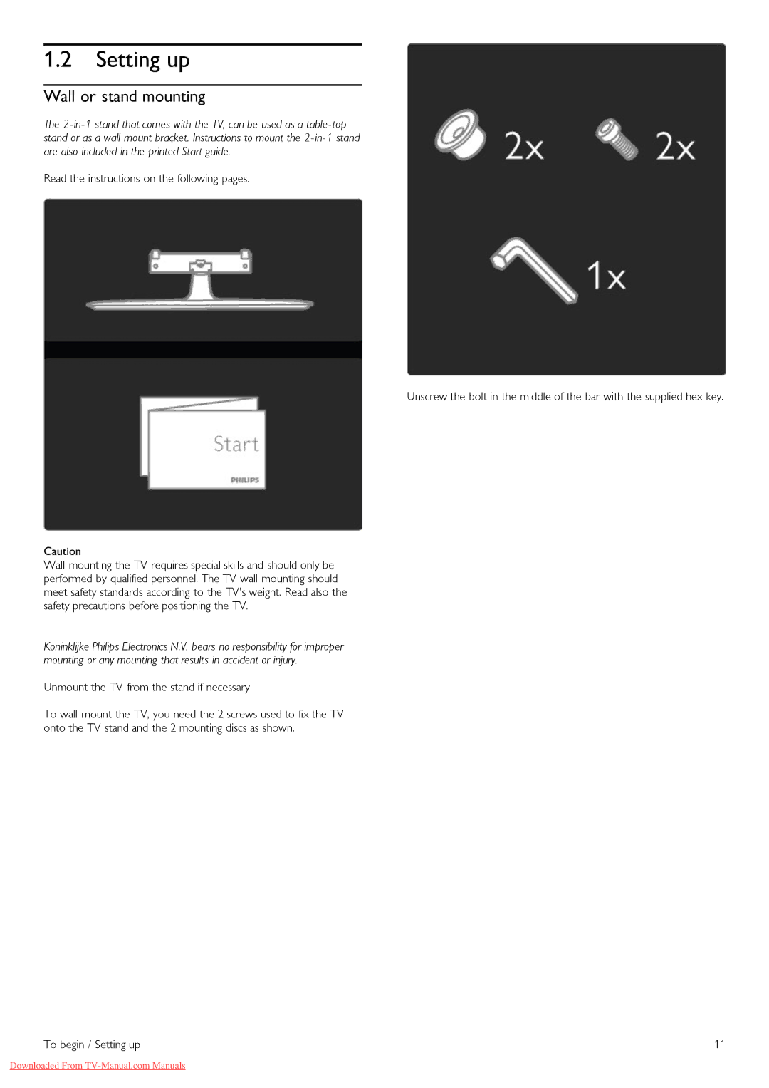 Philips 37PFL8605H, 32PFL8605H, 52PFL8605H, 40PFL8605H, 46PFL8605H manual Setting up, Wall or stand mounting 