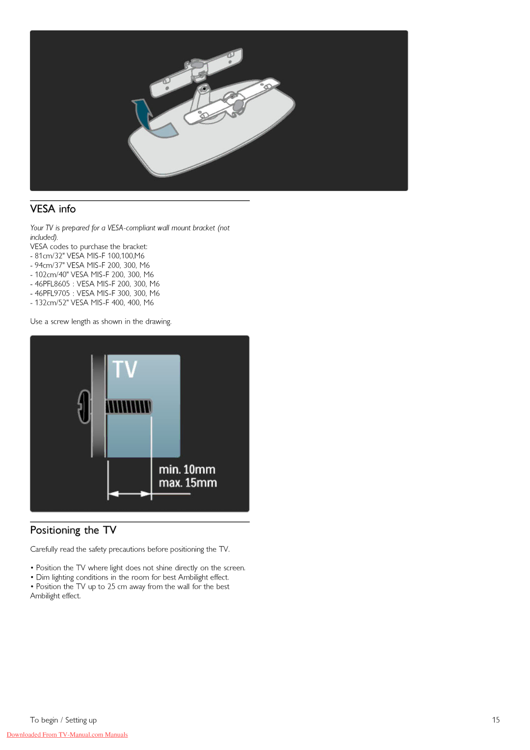 Philips 32PFL8605H, 37PFL8605H, 52PFL8605H, 40PFL8605H, 46PFL8605H manual Vesa info, Positioning the TV 