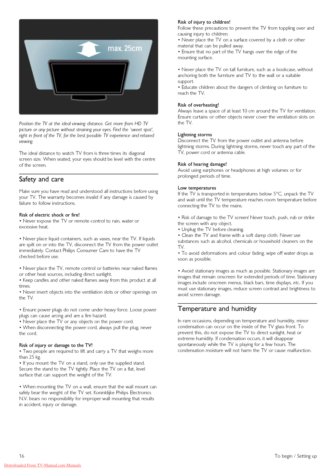 Philips 37PFL8605H, 32PFL8605H, 52PFL8605H, 40PFL8605H, 46PFL8605H manual Safety and care, Temperature and humidity 