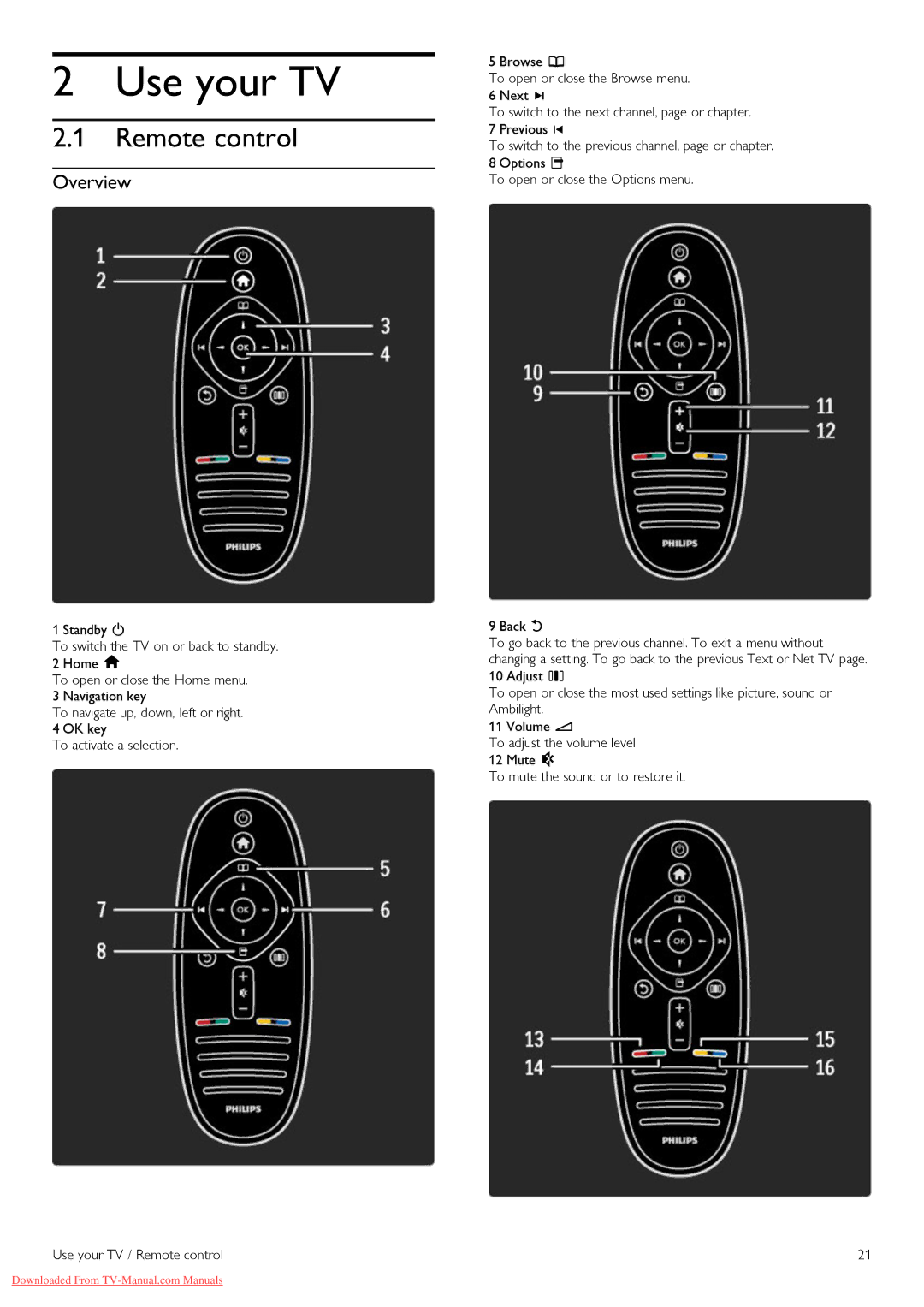 Philips 37PFL8605H, 32PFL8605H, 52PFL8605H, 40PFL8605H, 46PFL8605H manual Use your TV, Remote control, Overview 