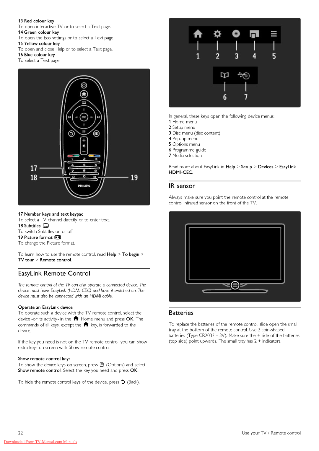 Philips 52PFL8605H, 32PFL8605H, 37PFL8605H, 40PFL8605H, 46PFL8605H manual EasyLink Remote Control, IR sensor, Batteries 