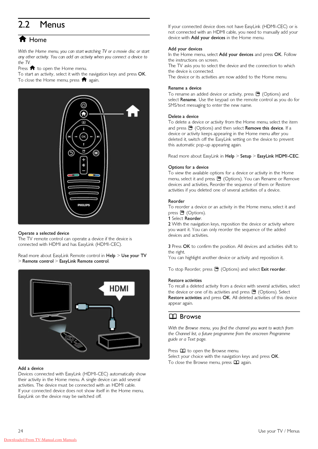 Philips 46PFL8605H, 32PFL8605H, 37PFL8605H, 52PFL8605H, 40PFL8605H manual Menus, Browse 