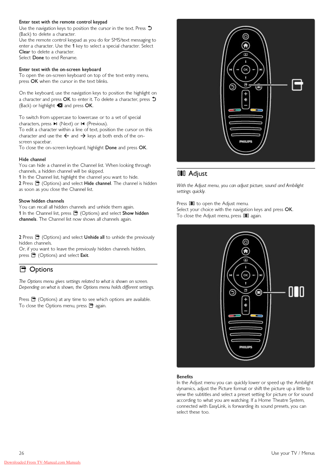 Philips 37PFL8605H, 32PFL8605H, 52PFL8605H, 40PFL8605H, 46PFL8605H manual Options, Adjust 