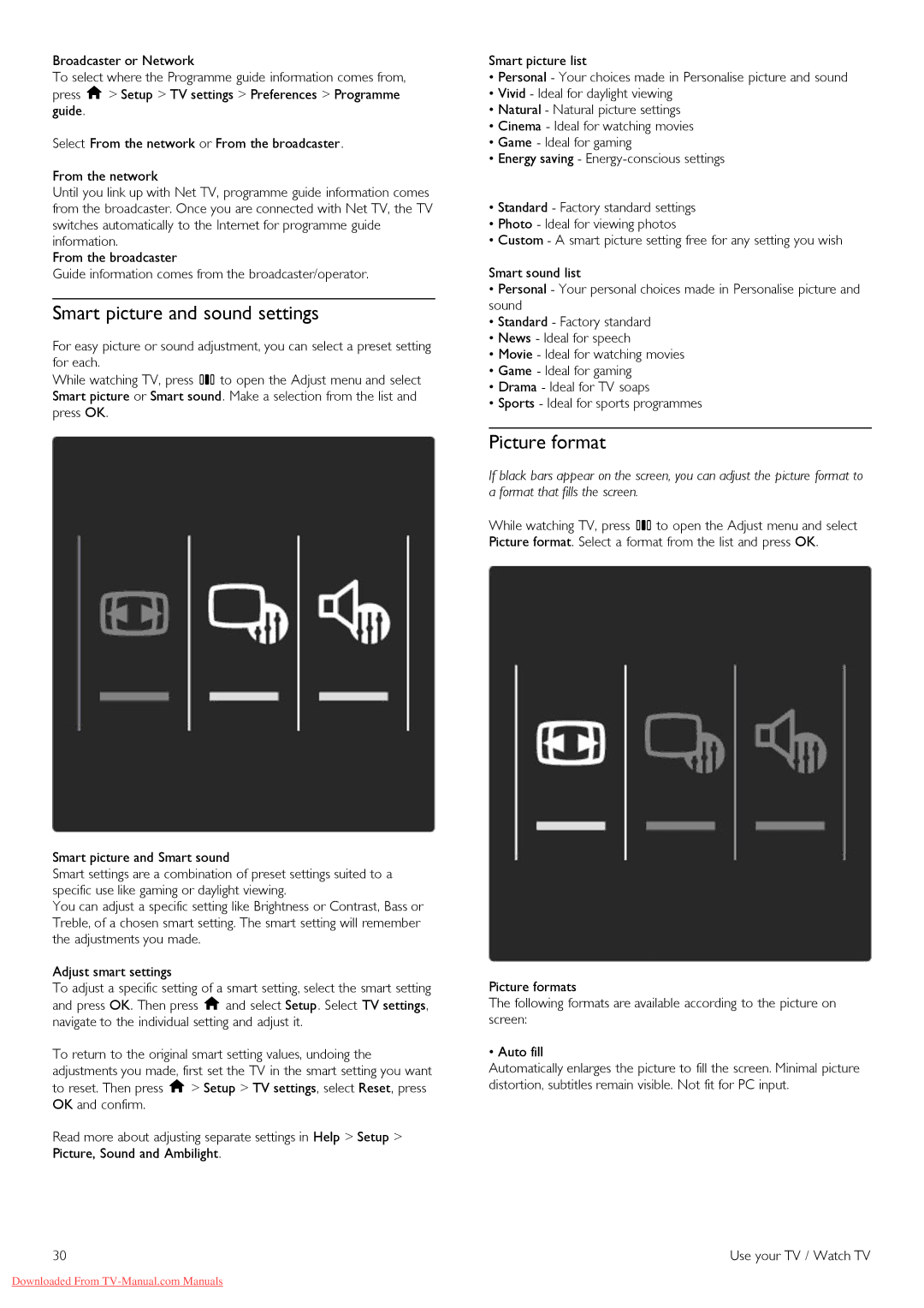 Philips 32PFL8605H, 37PFL8605H, 52PFL8605H, 40PFL8605H, 46PFL8605H manual Smart picture and sound settings, Picture format 