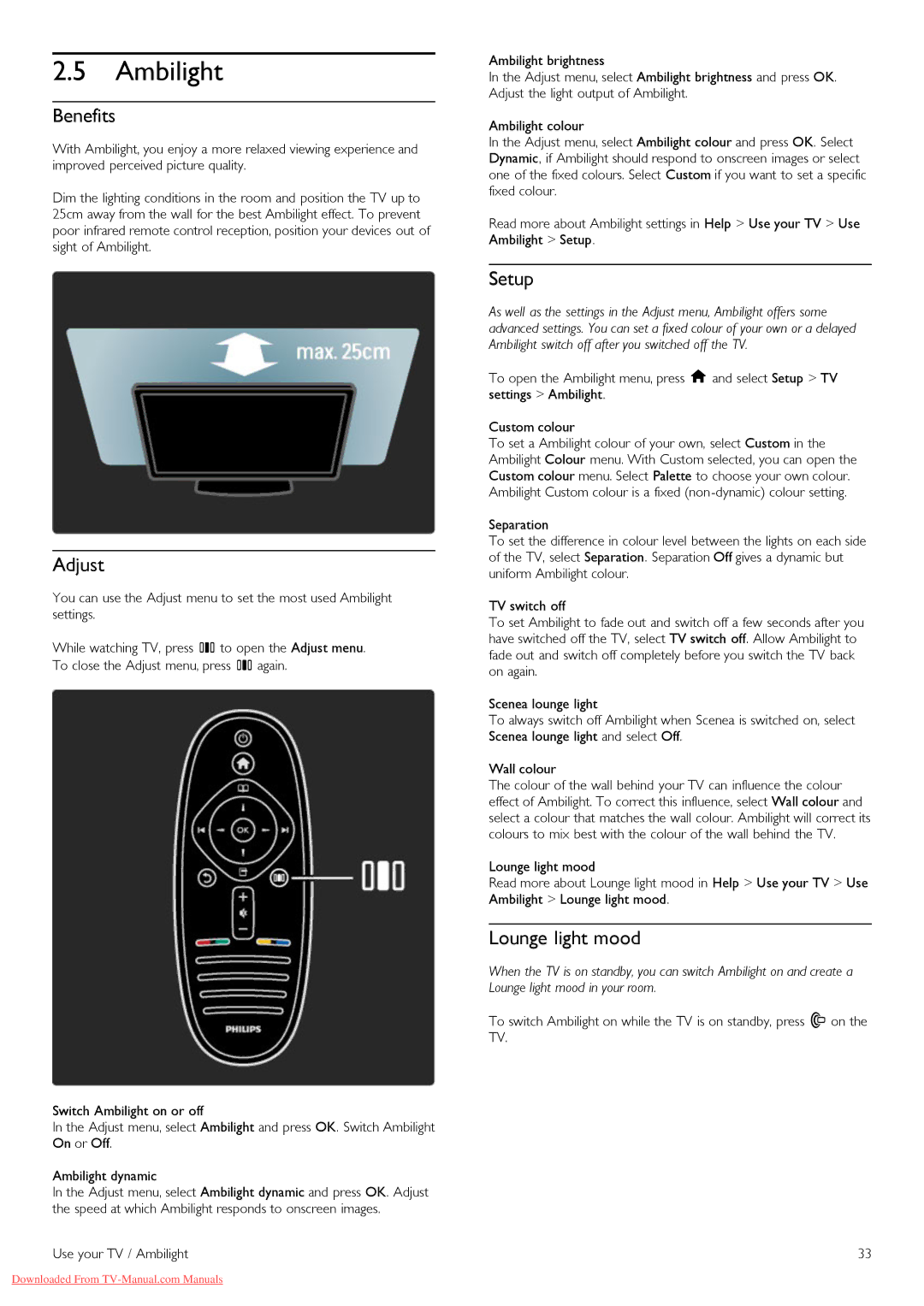 Philips 40PFL8605H, 32PFL8605H, 37PFL8605H, 52PFL8605H, 46PFL8605H manual Ambilight, Benefits, Setup, Lounge light mood 