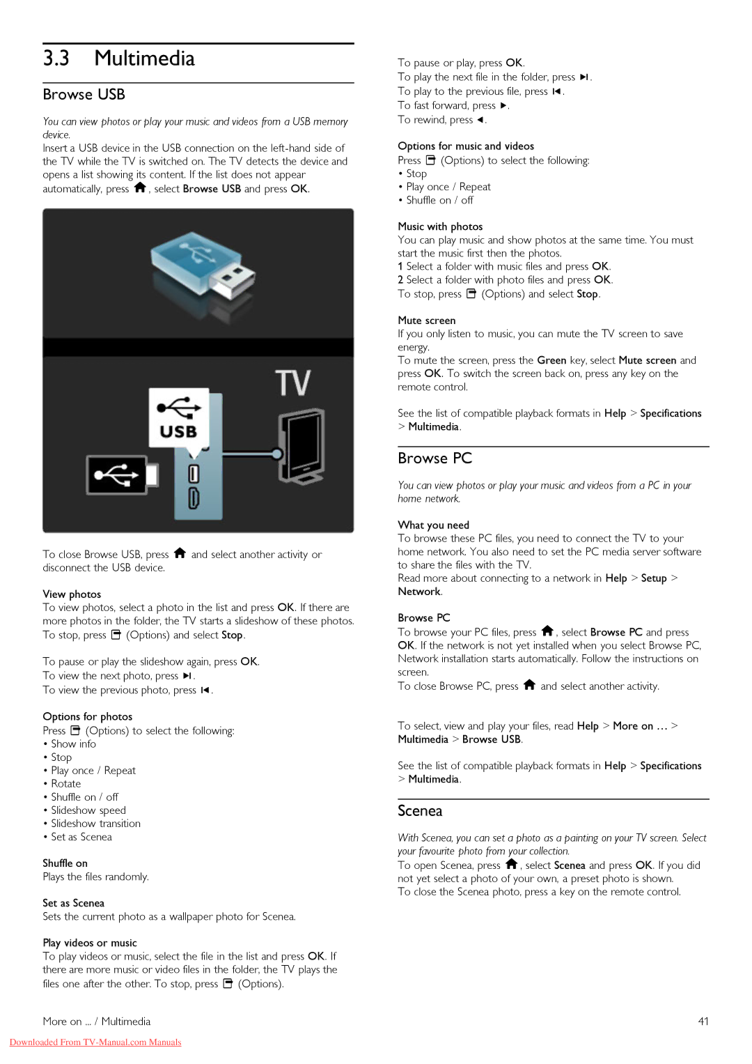 Philips 37PFL8605H, 32PFL8605H, 52PFL8605H, 40PFL8605H, 46PFL8605H manual Multimedia, Browse USB, Browse PC, Scenea 