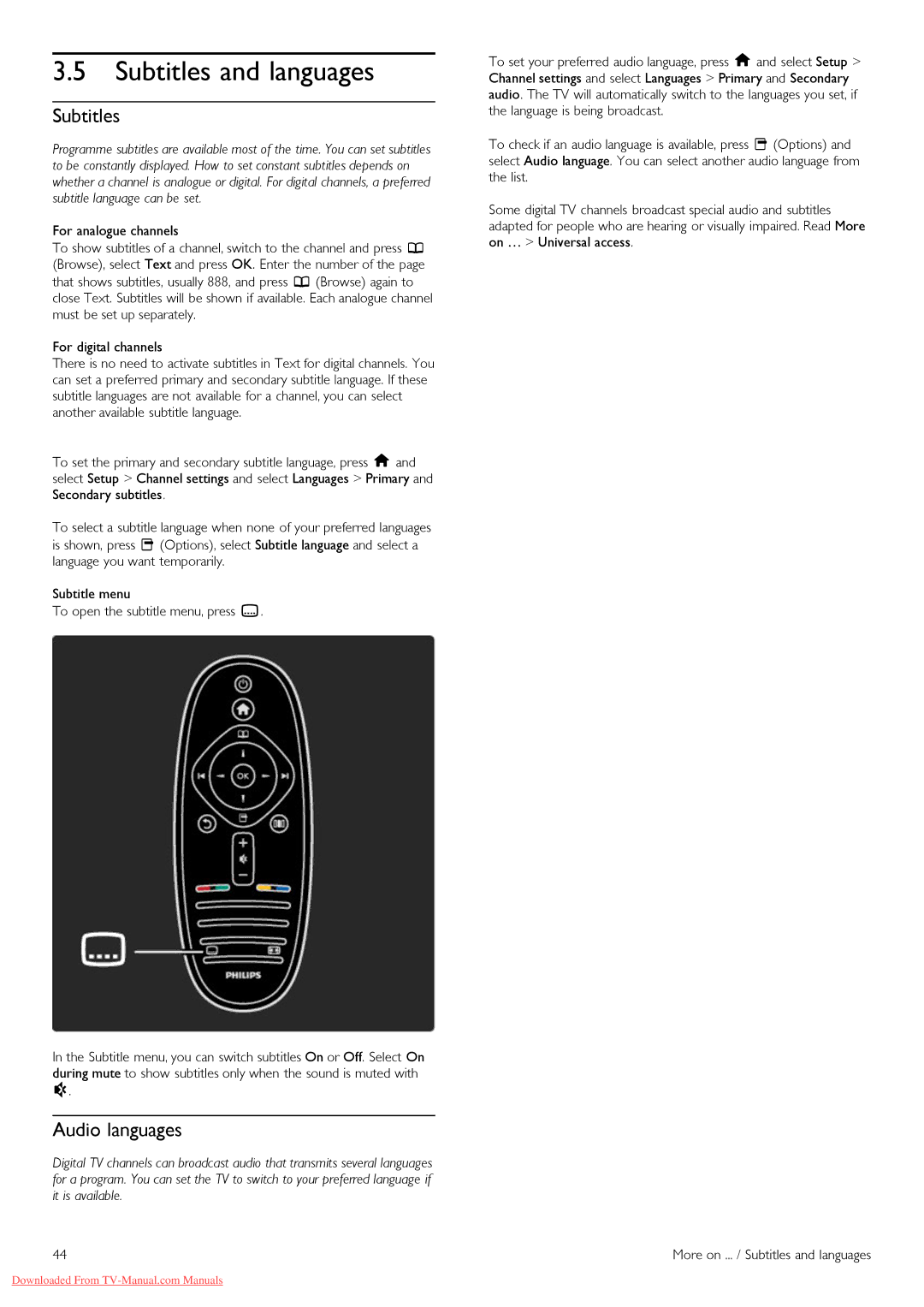 Philips 46PFL8605H, 32PFL8605H, 37PFL8605H, 52PFL8605H, 40PFL8605H manual Subtitles and languages, Audio languages 