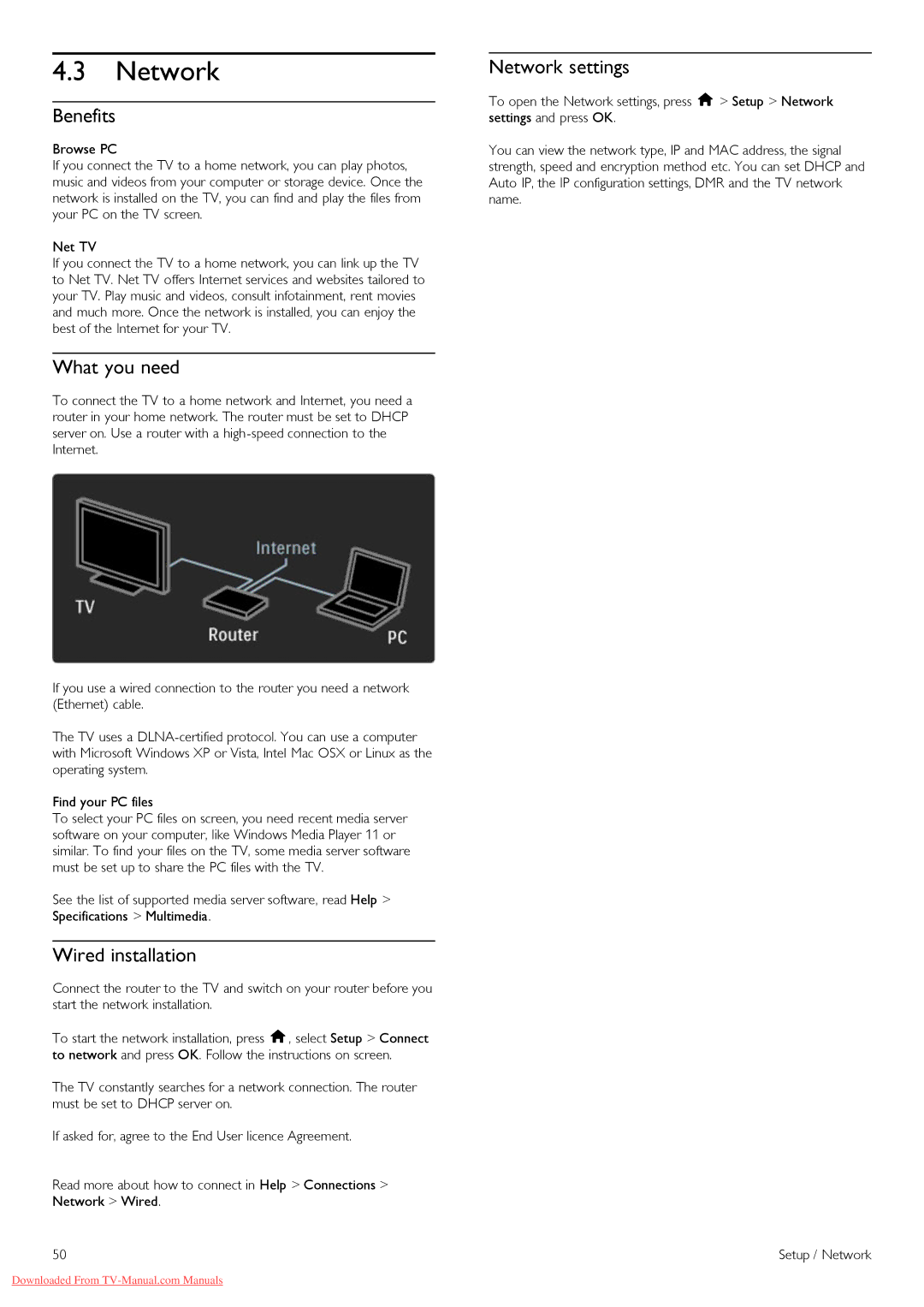 Philips 32PFL8605H, 37PFL8605H, 52PFL8605H, 40PFL8605H, 46PFL8605H manual Wired installation, Network settings 