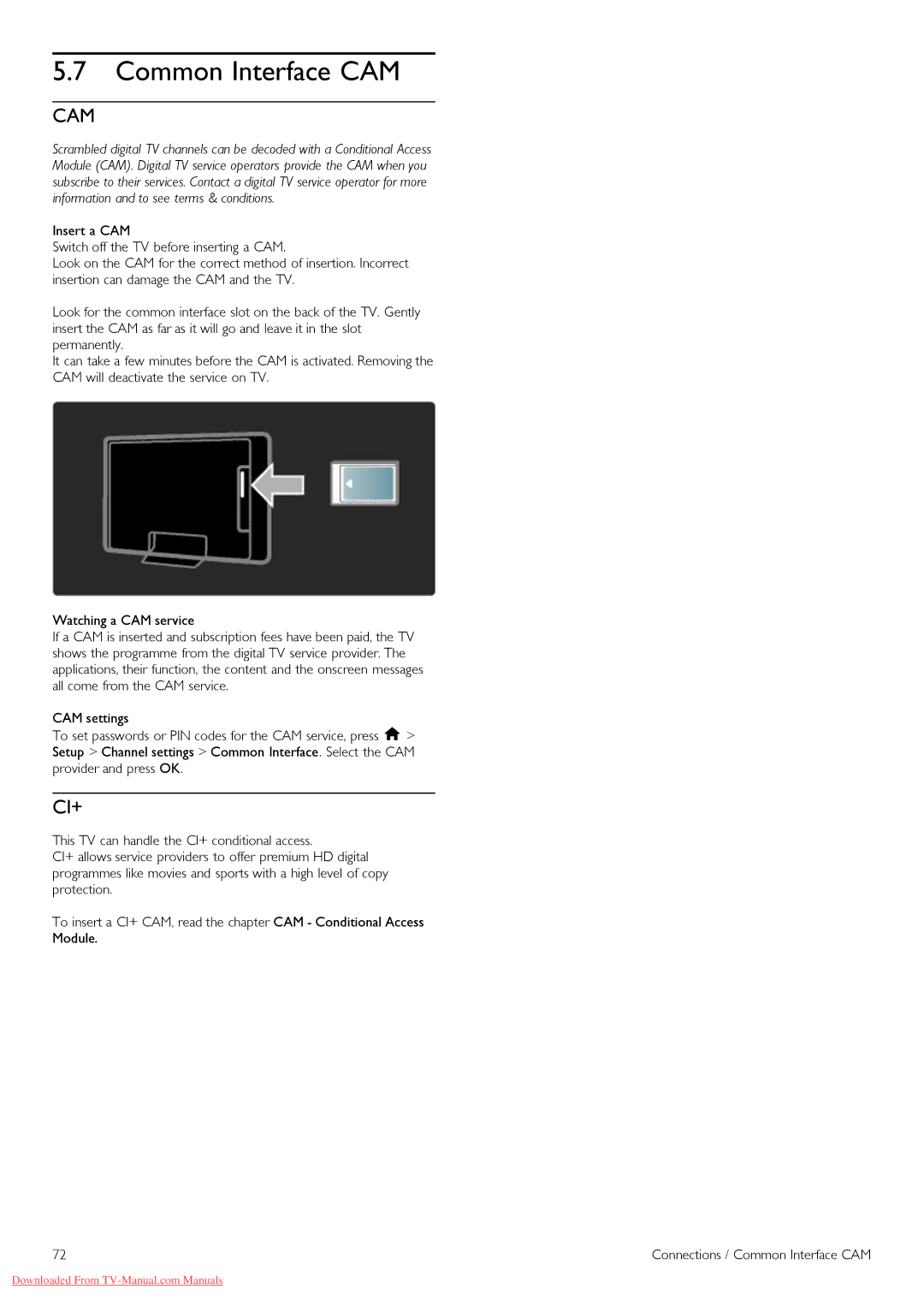 Philips 52PFL8605H, 32PFL8605H, 37PFL8605H, 40PFL8605H, 46PFL8605H manual Common Interface CAM, Cam 