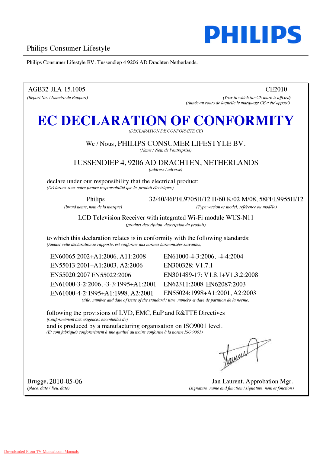 Philips 32PFL8605H, 37PFL8605H, 52PFL8605H, 40PFL8605H, 46PFL8605H manual EC Declaration of Conformity 