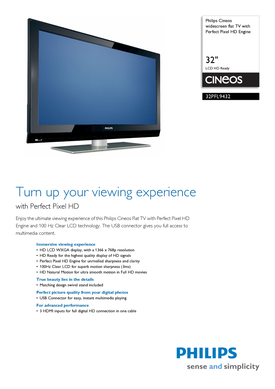 Philips 32PFL9432 manual Immersive viewing experience, True beauty lies in the details, For advanced performance 