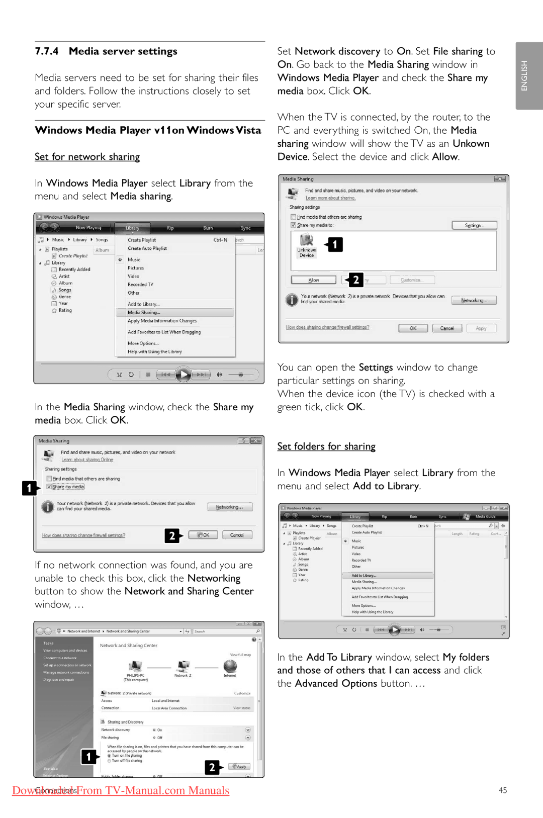 Philips 47PFL9603, 32PFL9603, 47PFL9703, 42PFL9803, 42PFL960 Media server settings, Windows Media Player v11on Windows Vista 