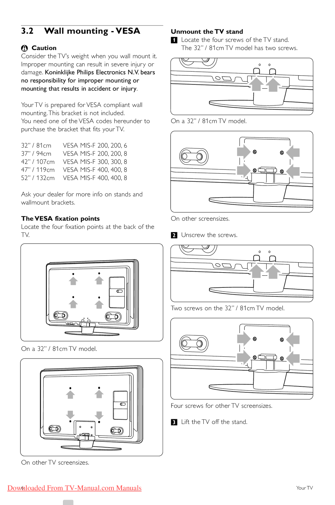 Philips 52PFL9703, 32PFL9603, 47PFL9703, 47PFL9603, 42PFL9803 Wall mounting Vesa, Vesa fixation points, Unmount the TV stand 