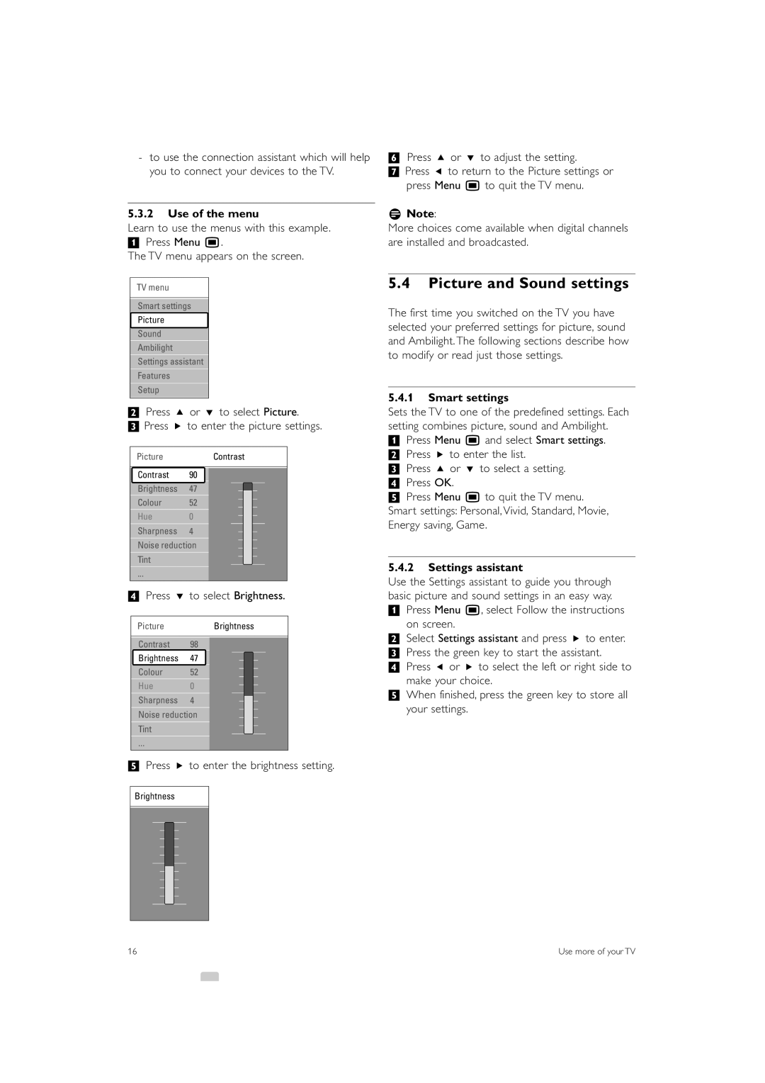 Philips 32PFL9603, 47PFL9703, 47PFL9603 Picture and Sound settings, Use of the menu, Smart settings, Settings assistant 